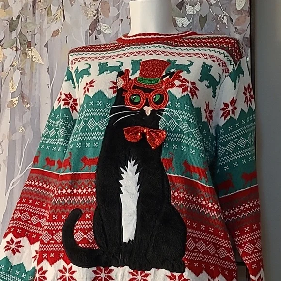 Cat In A Top Hat Soft & Cozy Festive Christmas Sweater 33 Degrees Unisex Large - Picture 15 of 16